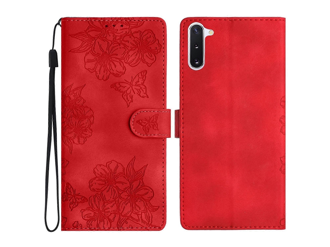 Capa Para Celular Samsung Galaxy Note10 Em Pu Com Textura Em Relevo De Borboleta E Flor De Cerejeira.