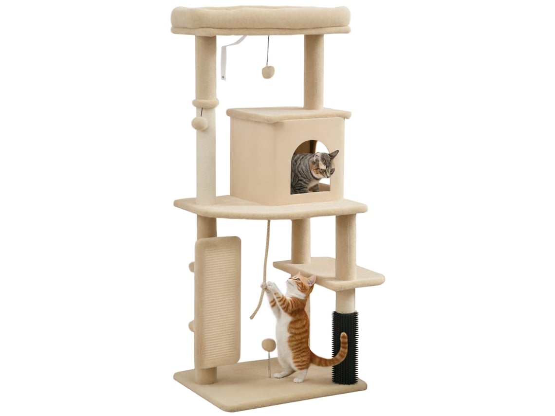 Árvore para Gatos de Vários Níveis, 132 Cm, com Casinha, Cama, Postes para Arranhar, Escova e Bola, Bege. ESSÊNCIACASA