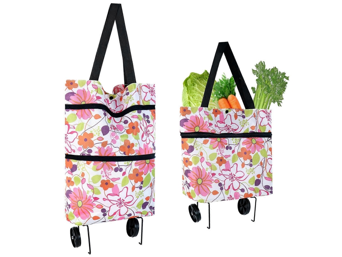 Carrinho de Compras Dobrável com Rodas, Estampa Floral Rosa, 2 em 1, Ideal para Compras, Viagens e Camping, Tamanho Compacto. GOKOCO