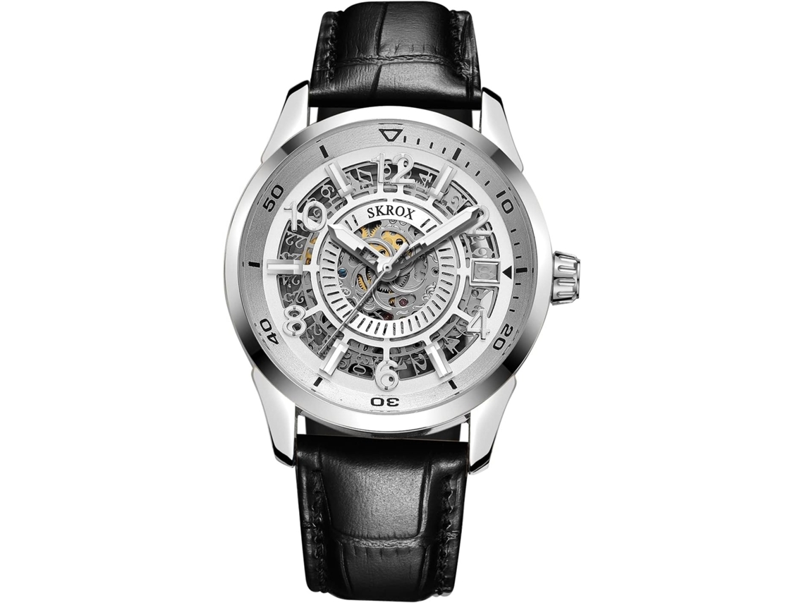 Lurelia Relógio Mecânico Masculino, Automático, Analógico, Cronógrafo, Data/calendário, Luminoso, Mostrador Esqueleto, Pele, Resistente À Água