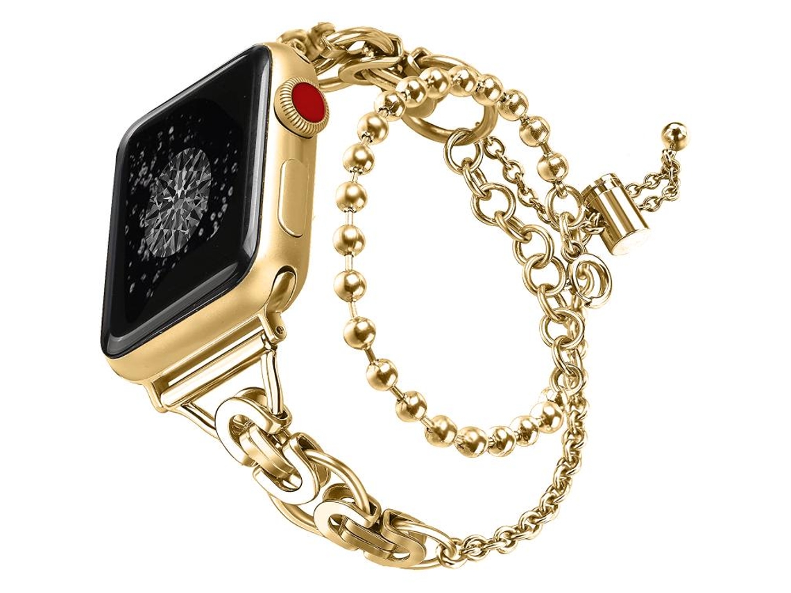 Bracelete para Apple Watch 42/41/40/38mm Liga de Zinco com Corrente de Contas de Círculo Duplo Dourada XIAOMOYU