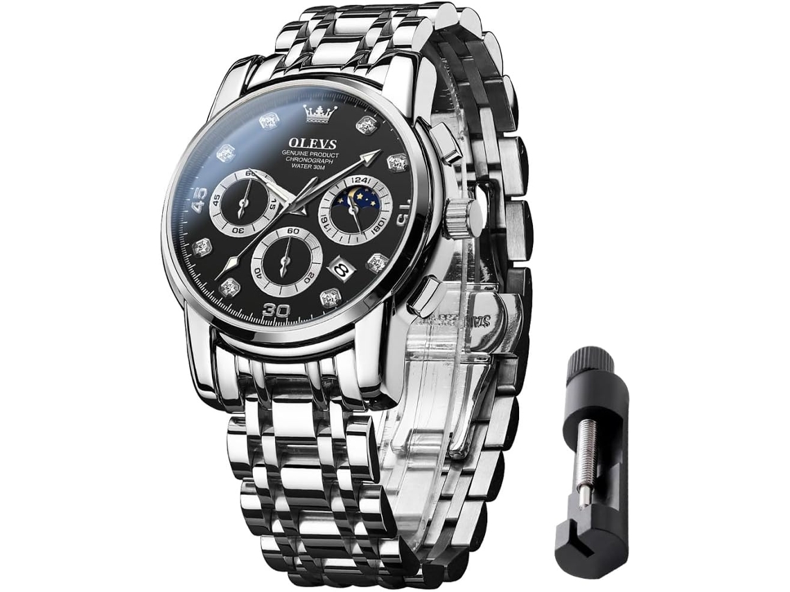 Lurelia Relógio Masculino, Movimento De Quartzo, Data/calendário, Luminoso, Detalhes Com Strass, Aço Inoxidável, Prata E Preto