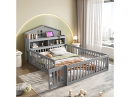 Cama Infantil Cinza 140x200cm Madeira Maciça, Casa, Prateleiras, Grade, Quadro, Ripas. -op