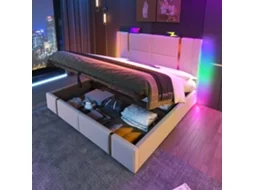 Cama Estofada 160x200 Bege com Led Usb e Aplicativo