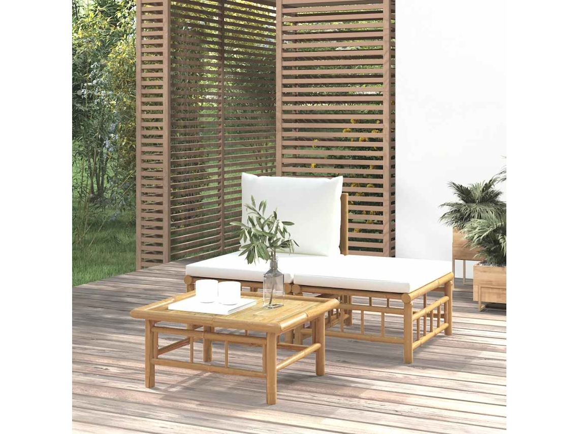 Vidaxl 3 Pcs Conjunto Lounge De Jardim Bambu C/ Almofadões Branco Nata