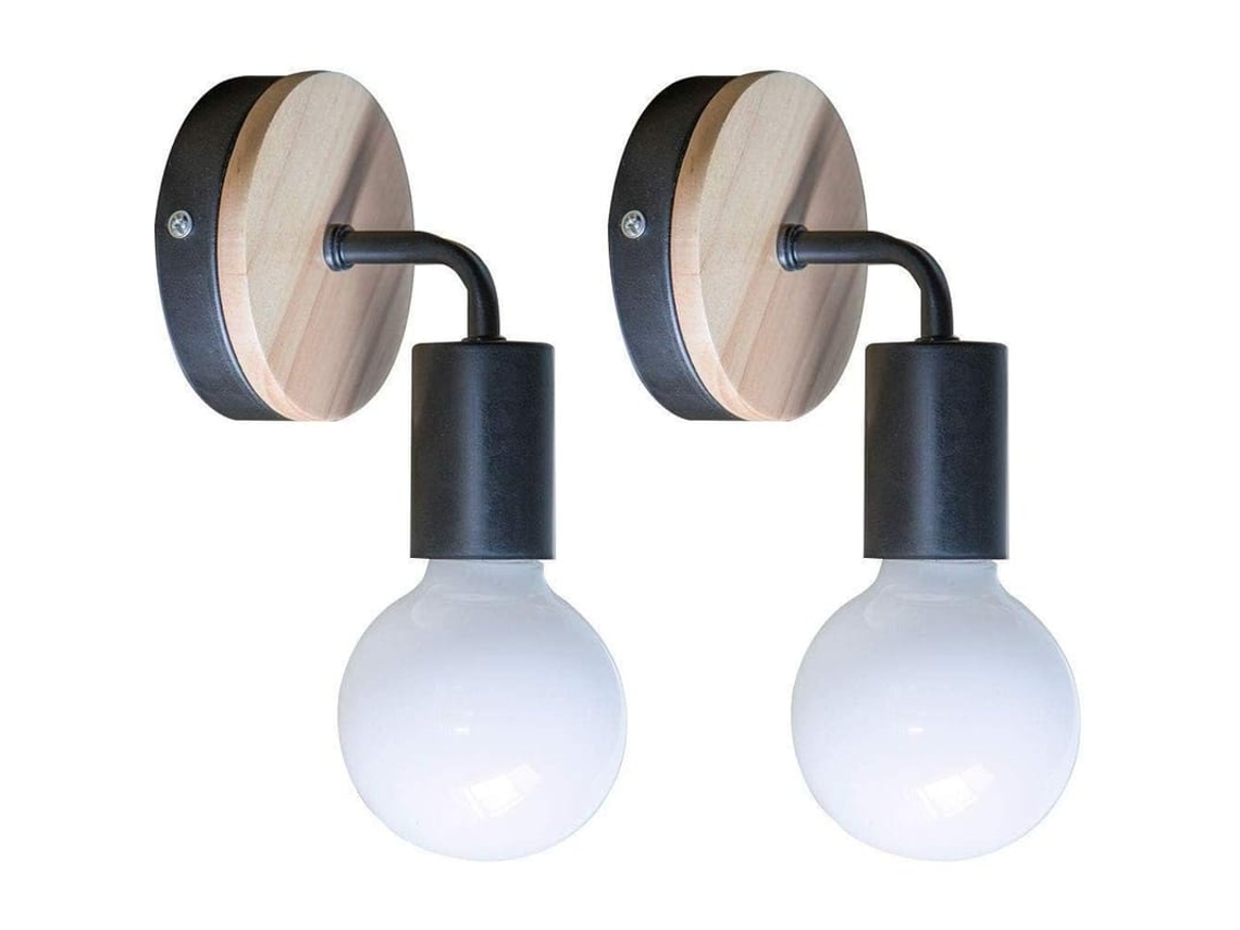 2 Pack Abajur De Parede Loft Preto Simples E27 Led Ferro E Placa De Madeira Sem Lâmpada