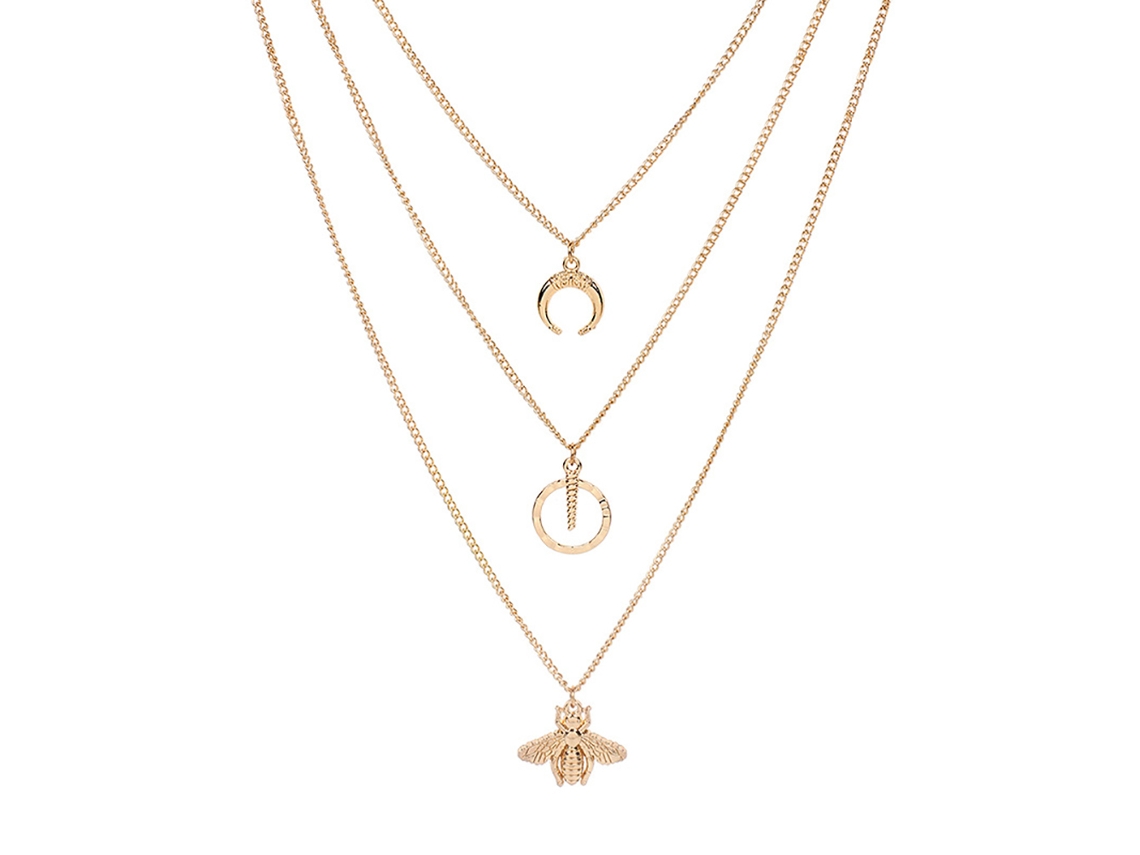 Colar Feminino Camadas Múltiplas Pingente Lua Abelha