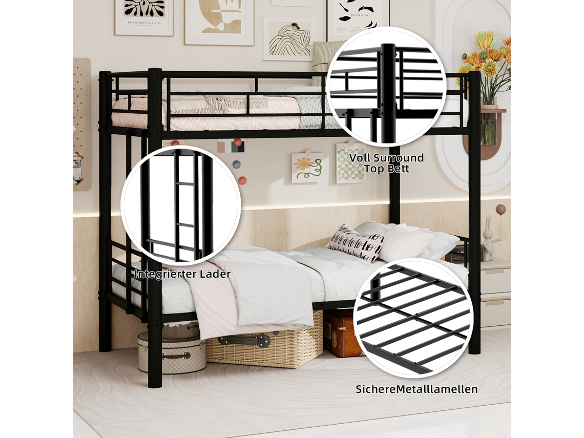 Beliche De Metal 90x190 Cm Com Escada E Grades De Segurança, Conversível Em 2 Camas De Solteiro, Preto Clássico (colchões Não Incluídos)