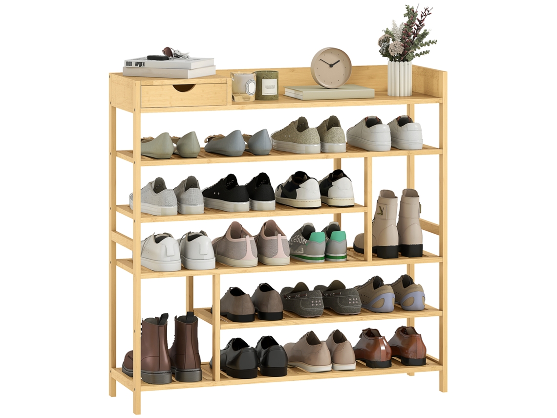 Estante Para Sapatos De Bambu Com Gaveta 6 Níveis Com Ripas