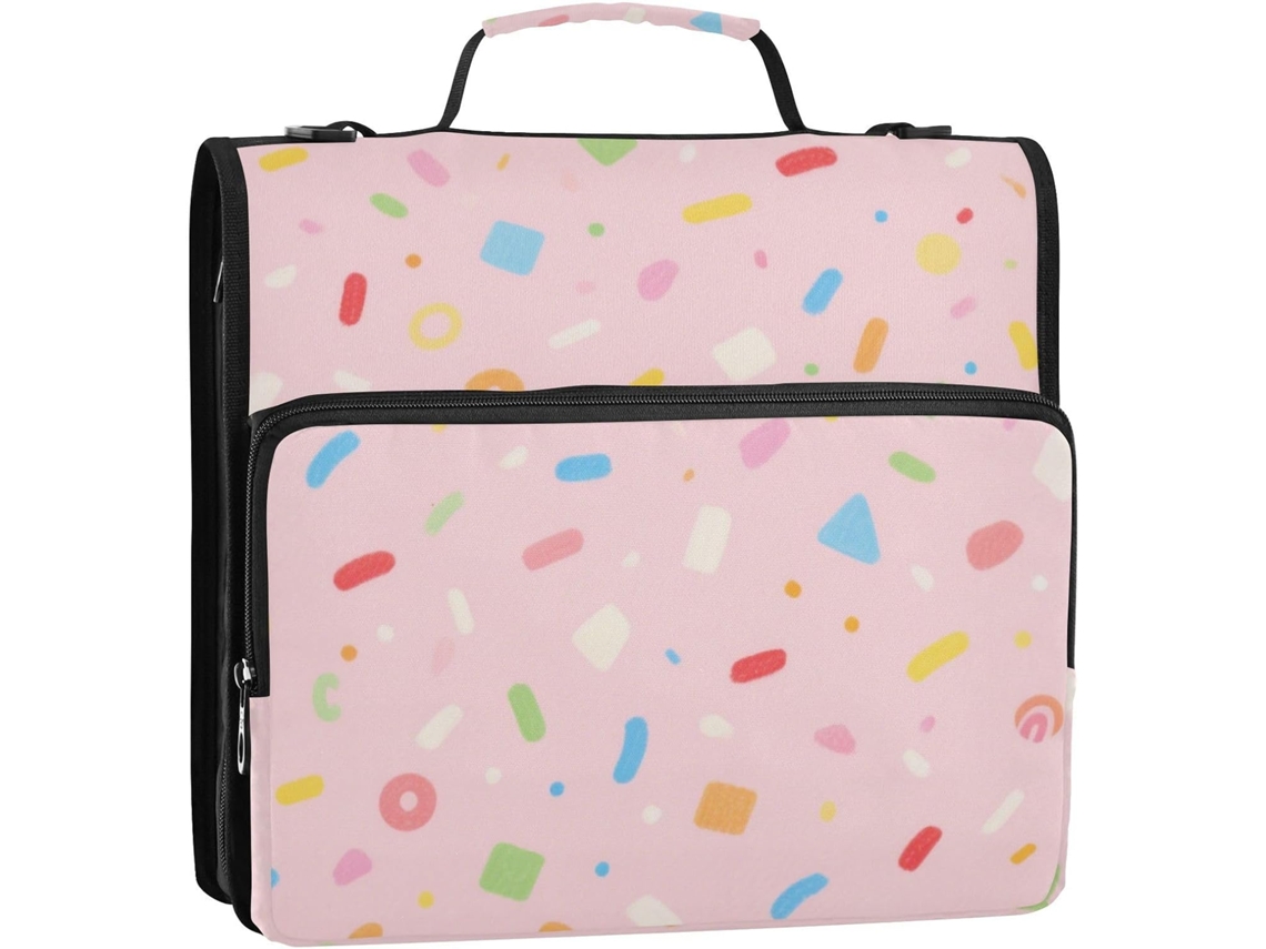 Organizador com Zíper, 3 Argolas, Alça de Ombro e Mão, Estampa Fogos Artifício, Rosa, 3,8 Cm 34,5 X 31,5 8,9