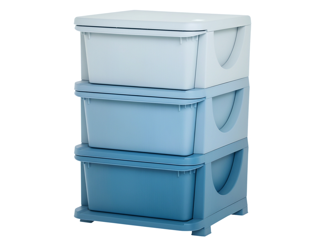Caixas De Armazenamento Infantil, 3 Gavetas, Bordas Arredondadas, Elevado, 37x37x56,5 Cm, Azul