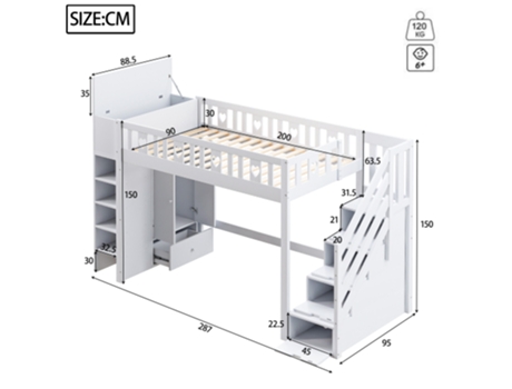 Cama Alta, 90200 Cm, Escada De Armazenamento, Prateleiras, Armário De Armazenamento Dobrável, Espaço Livre Embaixo Da Cama Para Vestir, Corrimão Em