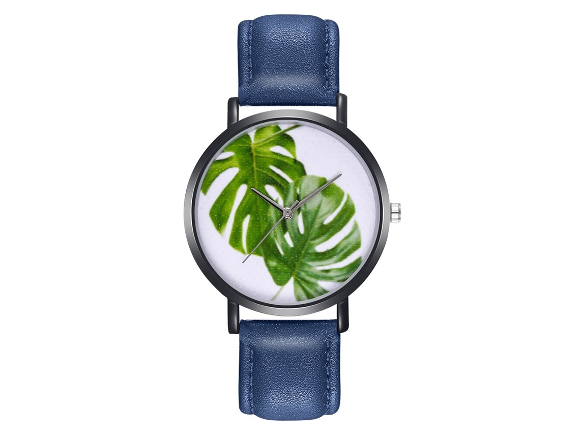 Relógio analógico unissex de quartzo com pulseira de couro PU com estampa de folhas verdes (azul)