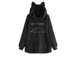 Sudadera com Capuz Oversize de Fleece com Orelhas de Gato para Mulher Outono Inverno L Negro | S/MARCA