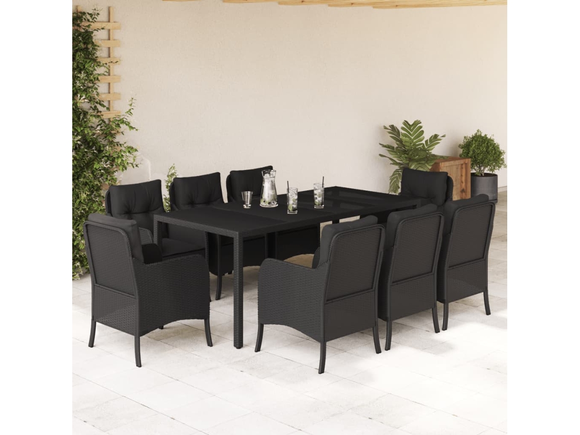 9 Pcs Conjunto De Jantar P/ Jardim C/ Almofadões Vime Pe Preto Dkd Home Decor
