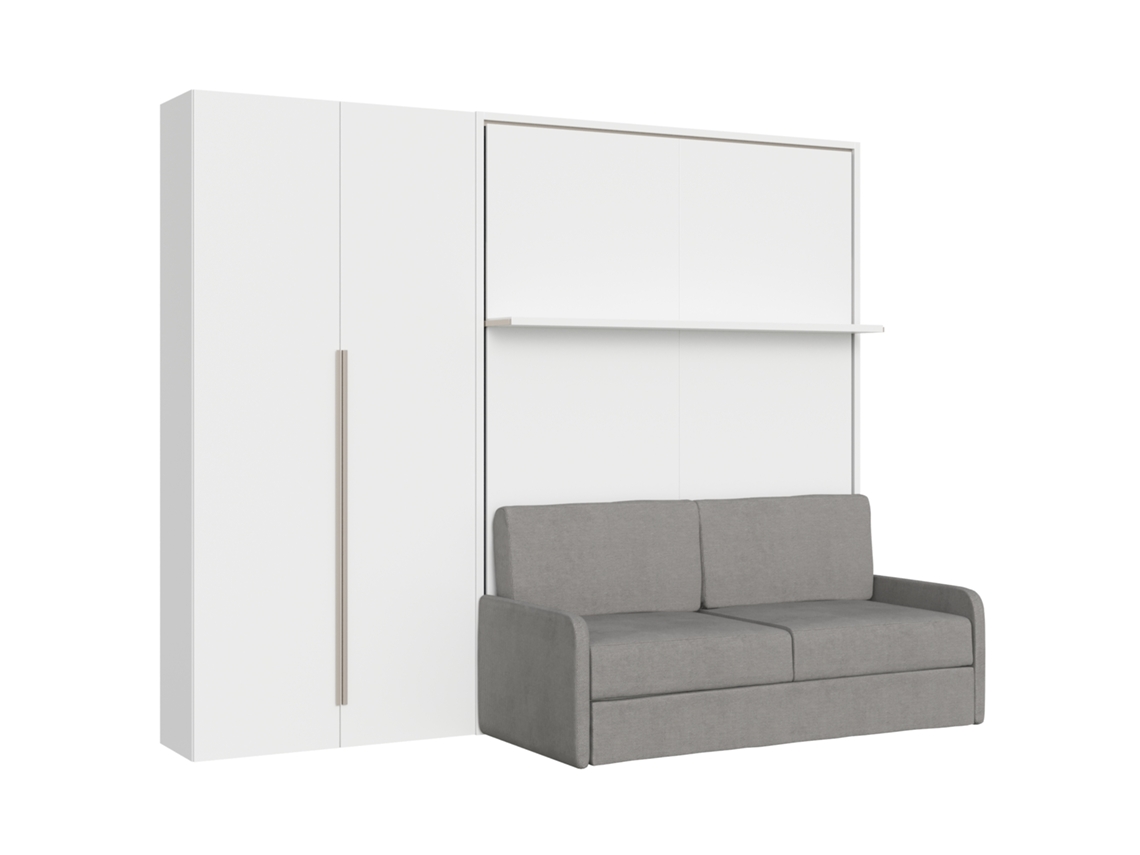 Versia Sofà 140 Cama Francesa Dobrável Vertical Com Sofá, Prateleira E Guarda-roupa Esquerdo Com 2 Portas Branco