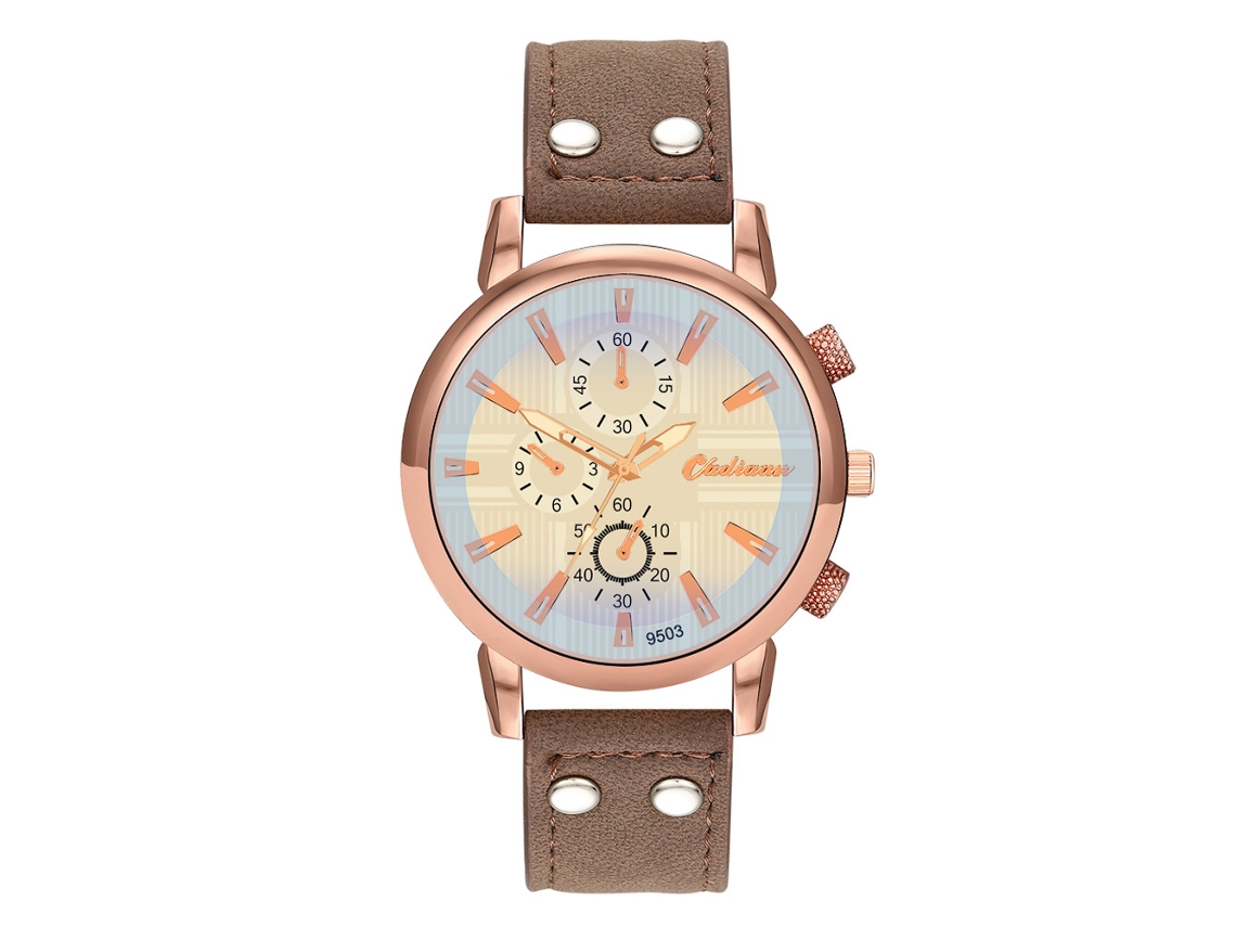 Relógio masculino moderno de quartzo com pulseira de couro PU, mostrador com detalhes em vermelho, detalhes em marrom escuro e dourado rosê.