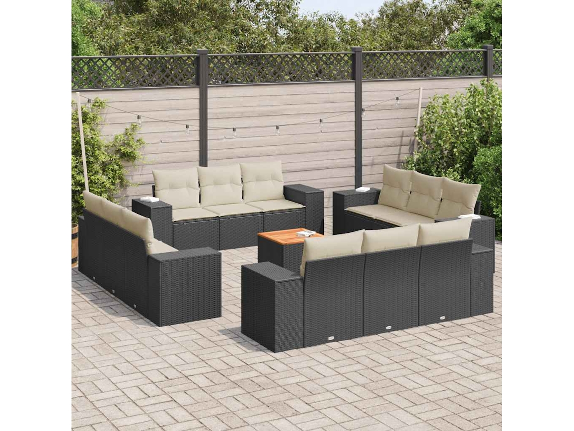 Vidaxl 13 Pcs Conjunto De Sofás De Jardim Com Almofadões Vime Pe Preto