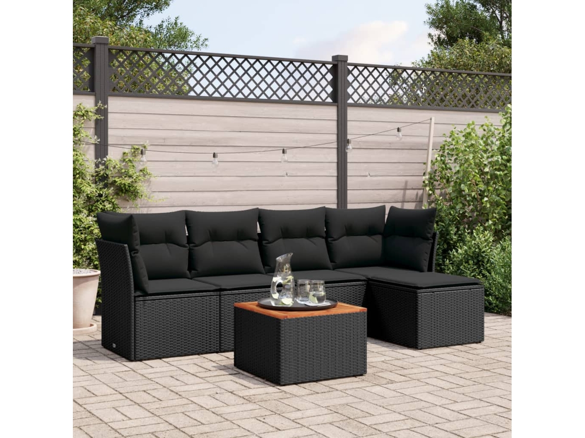 Vidaxl 6 Pcs Conjunto Sofás De Jardim C/ Almofadões Vime Pe Preto