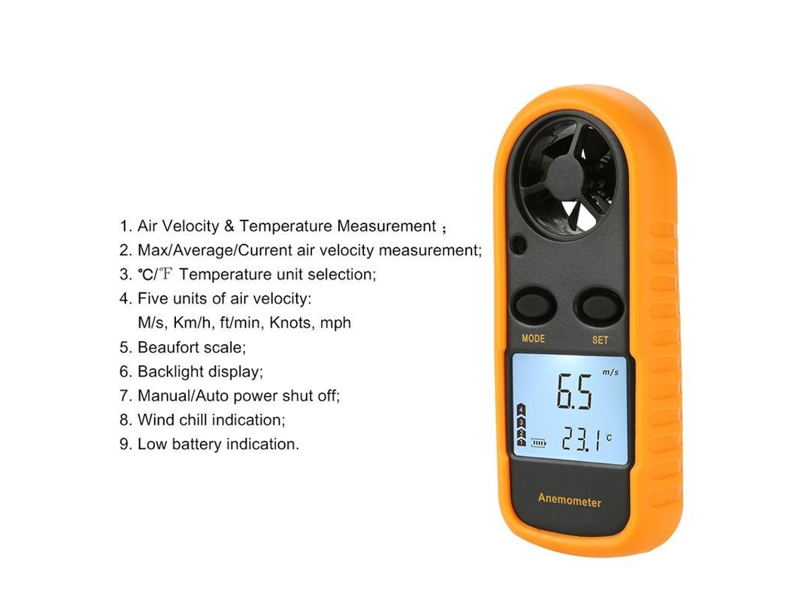 Anemômetro Digital Lcd Com Velocímetro De Vento, Termômetro E Retroiluminação Para Medição De Ar