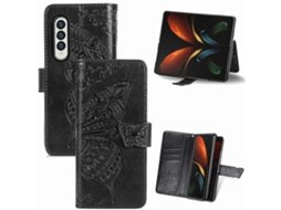 Capa De Couro Flip Horizontal Com Estampa De Borboletas E Flores Em Relevo Para Samsung Galaxy Z Fold3 Com Suporte, Compartimentos Para Cartões, Carte