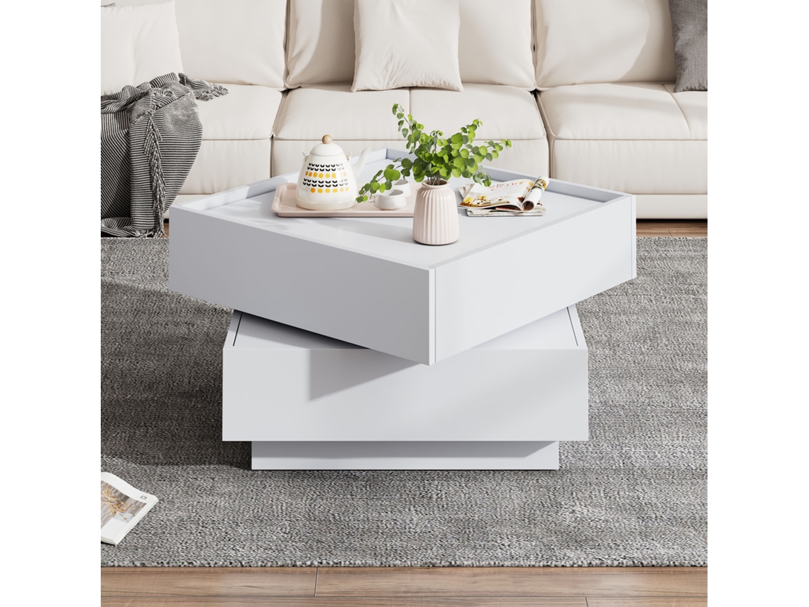 Mesa De Centro Quadrada Giratória Em 360° Com 2 Gavetas 60x60x38 Cm Branco Estilo