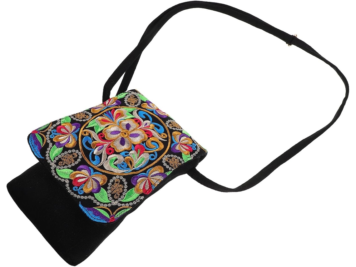 Conjunto Compacto De Três Peças Com Bolsa Transversal Feminina Em Lona E Elegante Bordado Étnico.