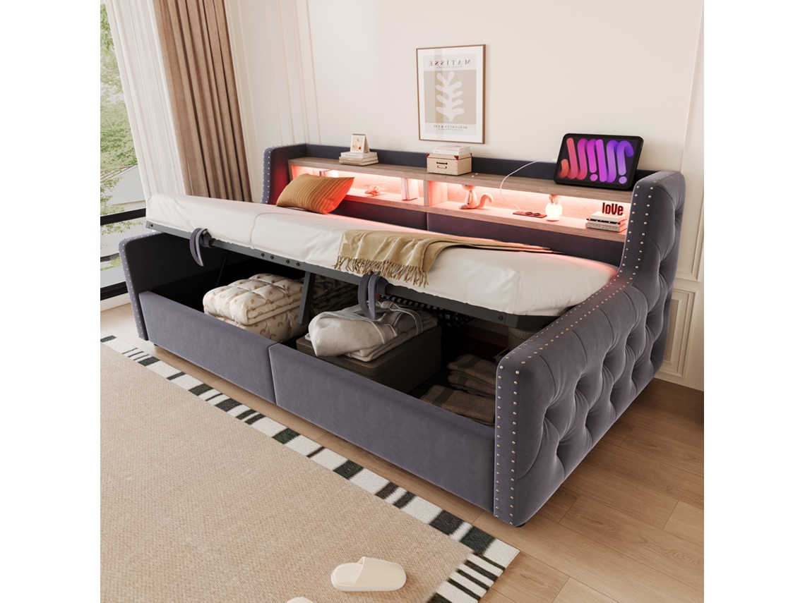 Polsterbett Schlafsofa 90x200cm Com Armazenamento Hidráulico Led Steckdose Dunkelgrau