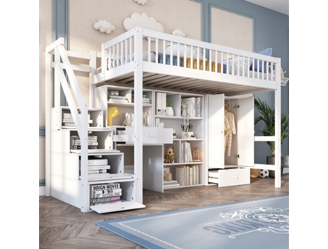 Cama Infantil Arhatreya Multifuncional Com Mesa, Treppe, Armã¡rios Â Pinho/mdf (90x200 Cm Branco)