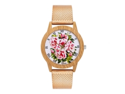 Relógio de quartzo unissex com pulseira de malha Zhoulianfa com estampa floral em ouro rosa.