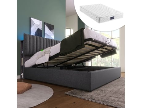 Cama De Casal Estofada Com Led Duplo Usb Type C, Compartimento De Armazenamento E Cabeceira Ajustável, 140x200 Cm, Cinza (com Colchão)