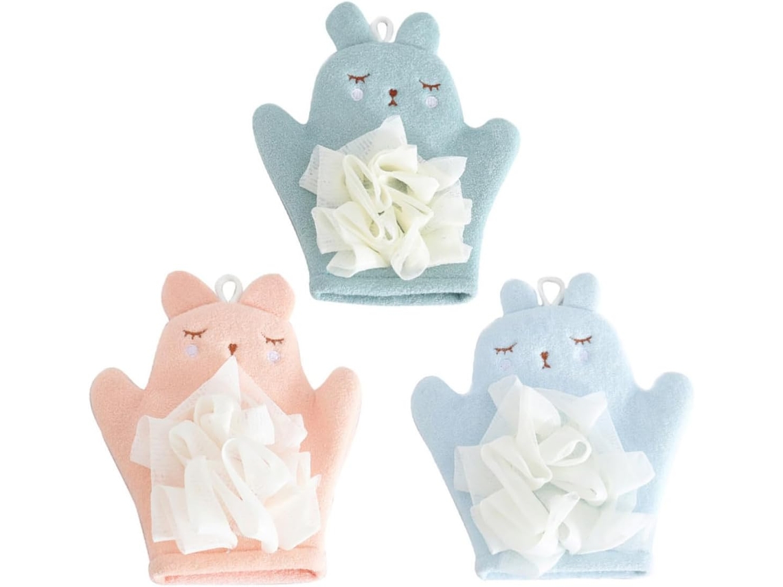 Conjunto de 3 Luvas de Banho Para Meninos E Meninas, Adesiva Fibra Feitas, Esfoliante Corporal