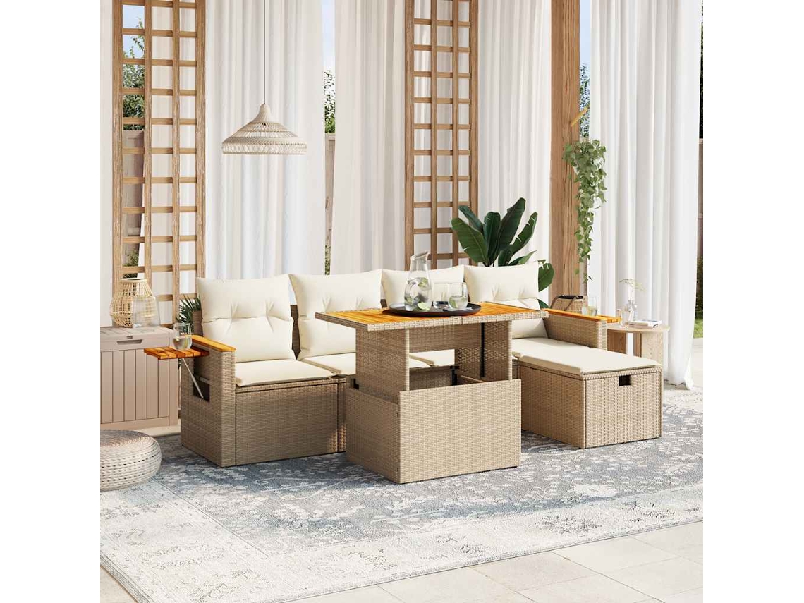 Vidaxl 6 Pcs Conjunto De Sofás P/ Jardim Com Almofadões Vime Pe Bege