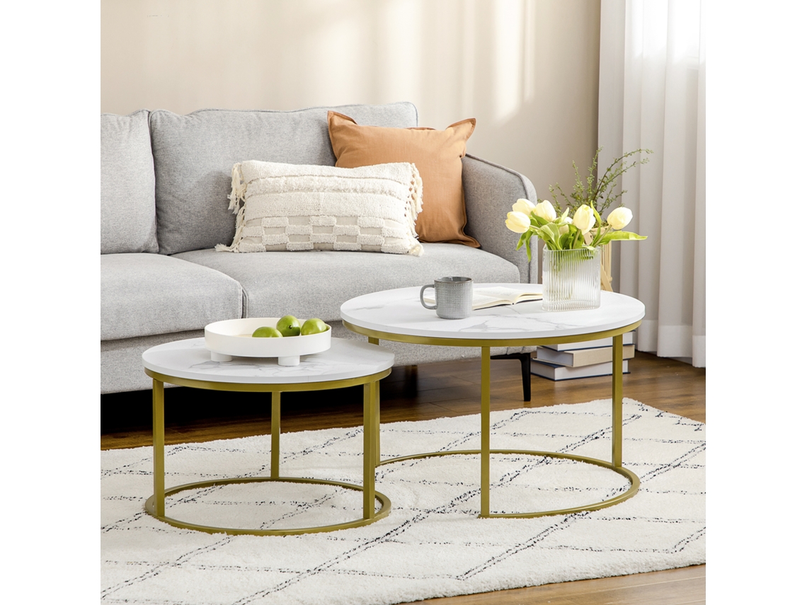 Side Table Set, 2 Nesting Tables. Ø74 Ø59 Cm, Marble Look, Frame In Gold