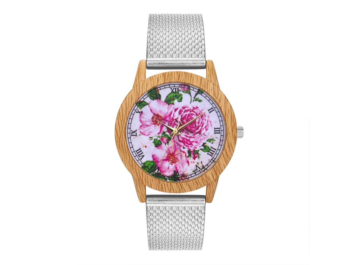Relógio de pulso de quartzo com pulseira de malha e mostrador redondo com padrão floral (prateado)