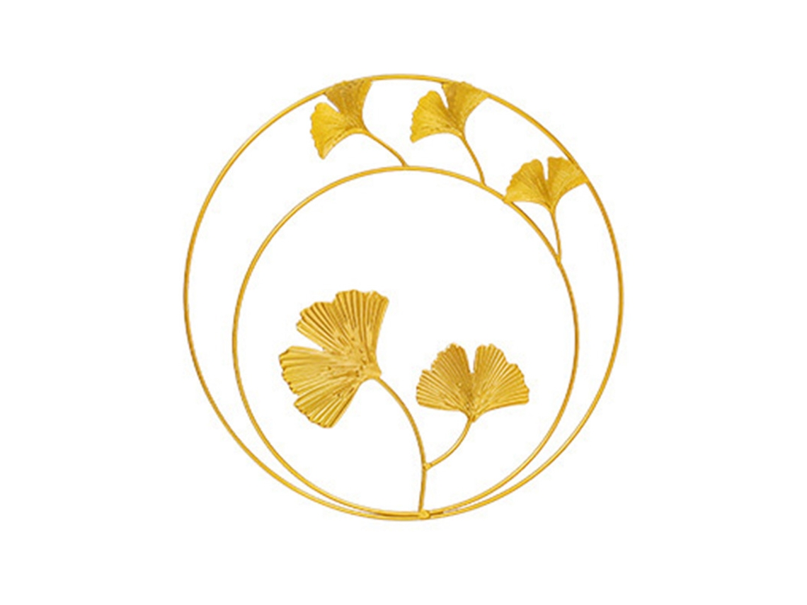 Ornamento De Parede Redondo Dourado Folha Ginkgo Biloba Luxuoso