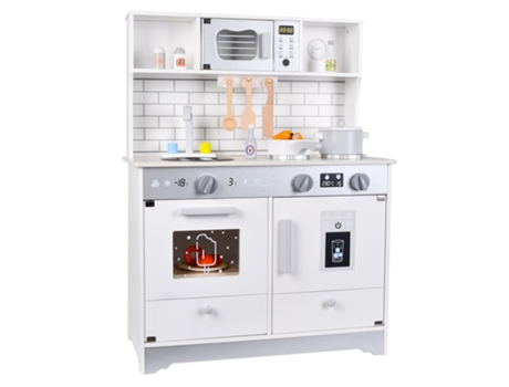 Cozinha De Brincar Madeira Kitchenette para Crianças Iwood (com Talheres, Forno, Armários, Torneiras Vivas, Lavatório)