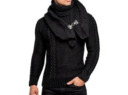 Suéter masculino de gola alta e manga comprida com cachecol removível, modelo 2026, estilo casual.