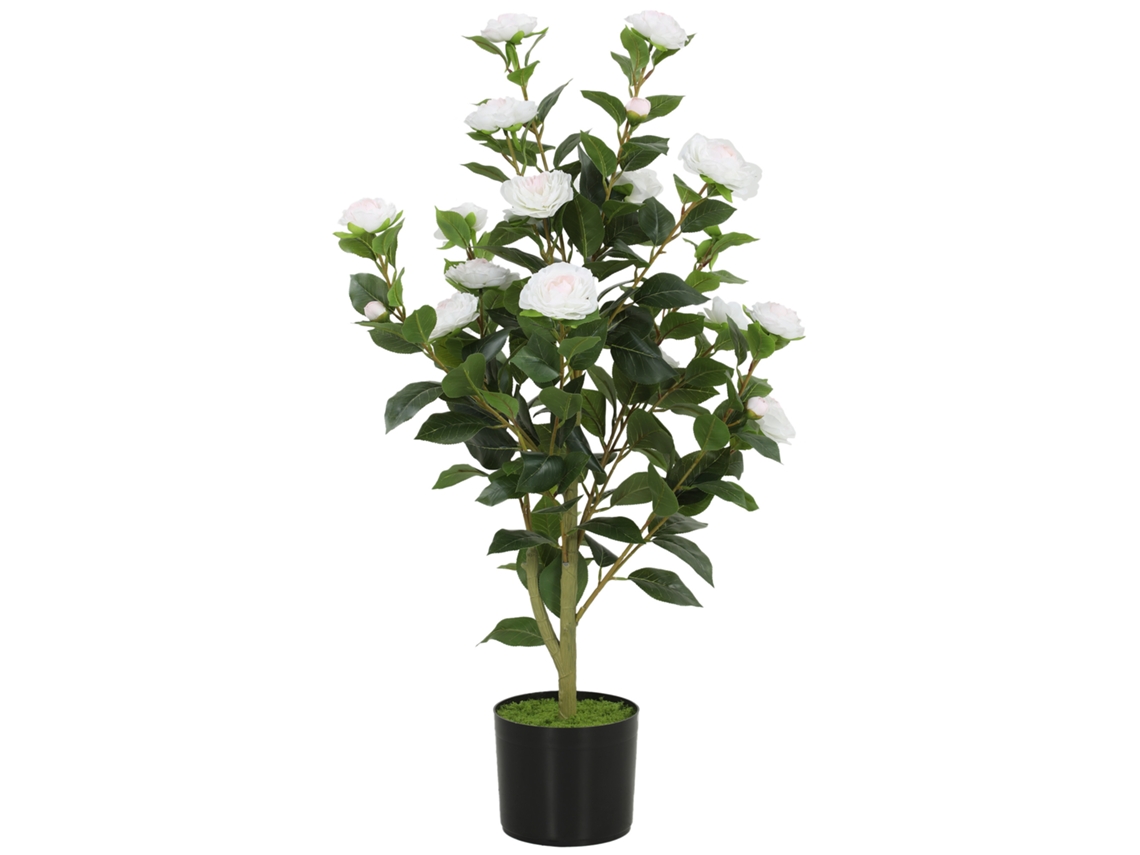Planta Falsa de Camélia com Flores Realistas.176 Folhas em Peva e Vaso Preto em Pp Preenchido com Cimento.branco