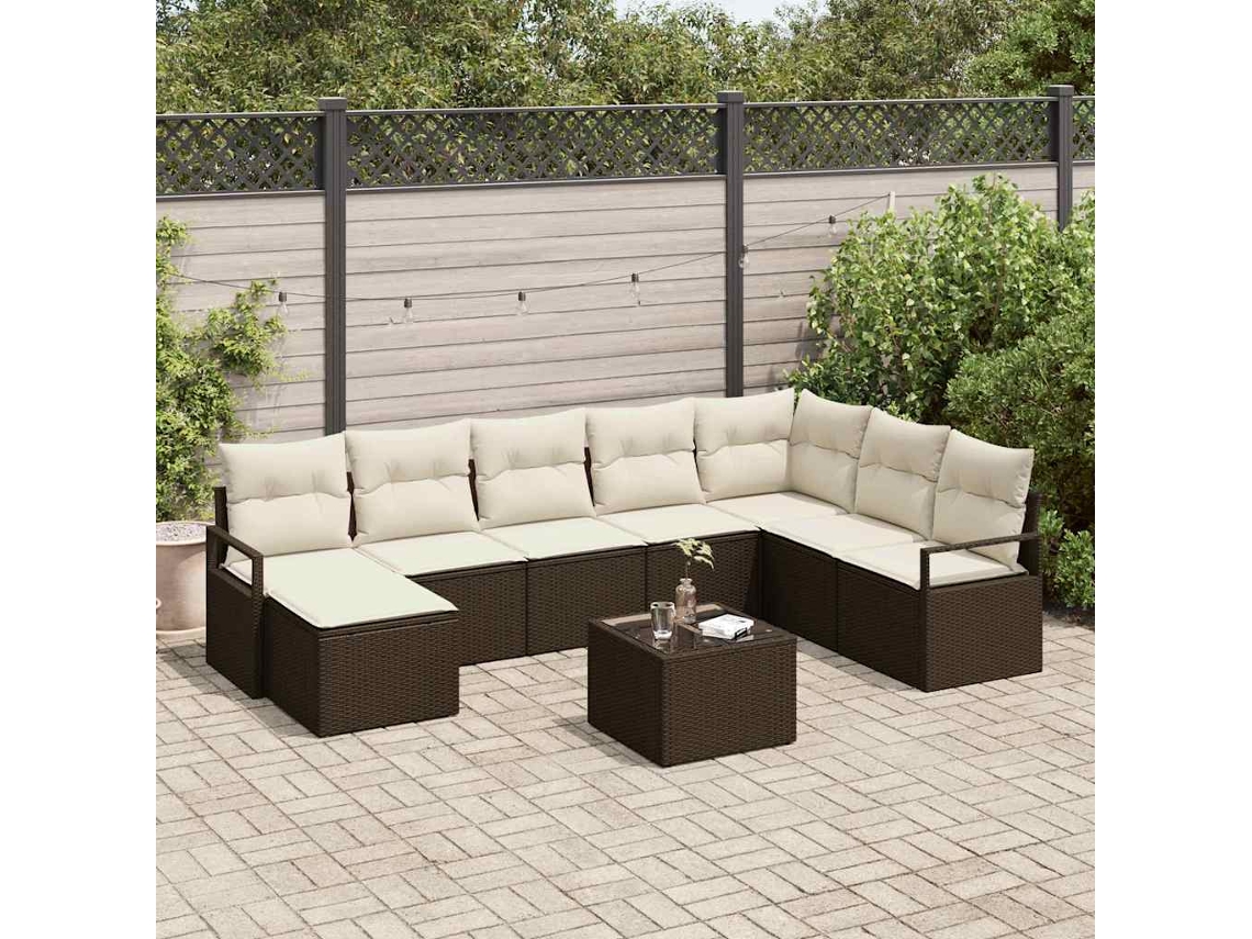 Vidaxl Conjunto De Sofás 9 Unid. Marrom E Creme Vime Pe