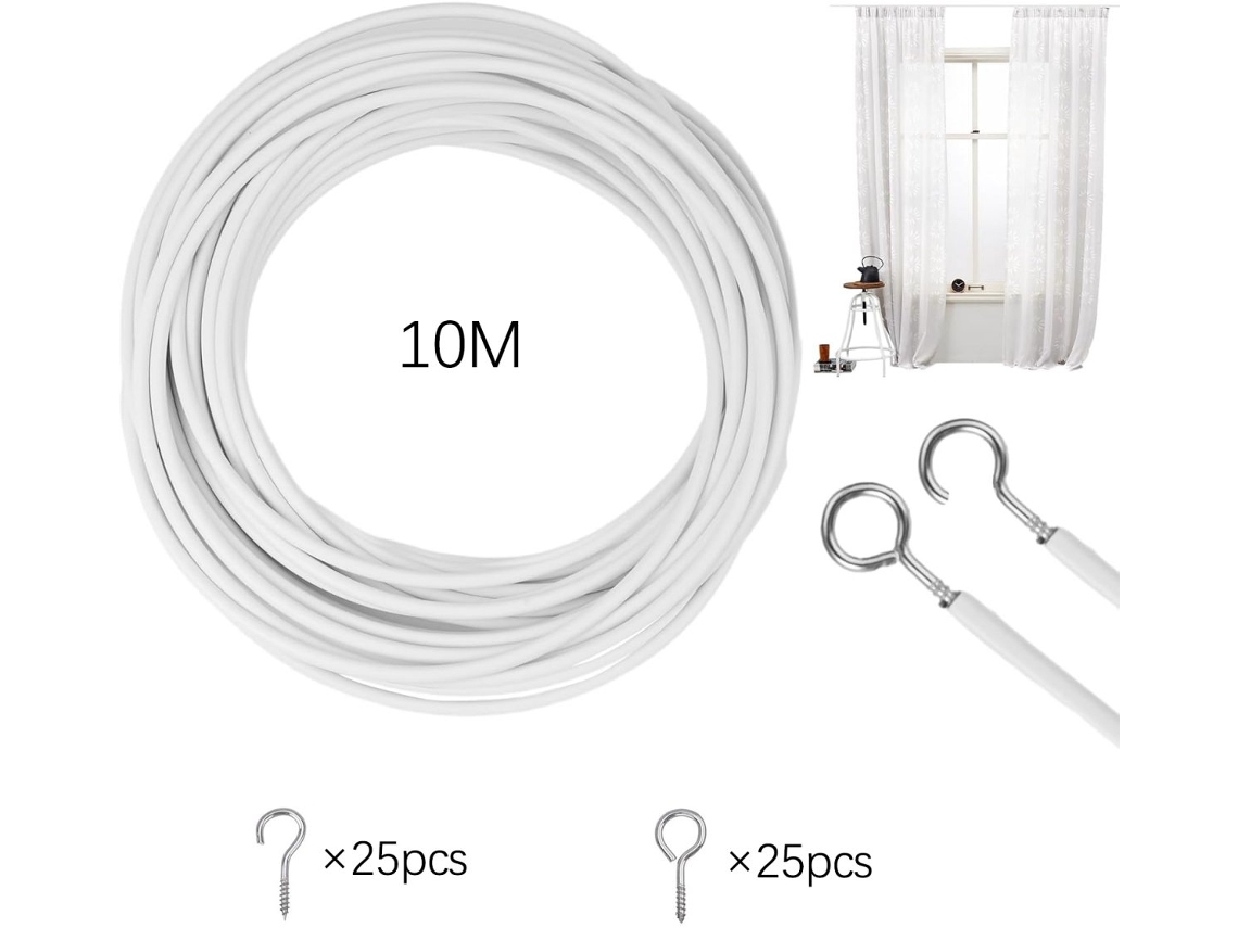 Cordão Para Cortina De 10 Metros, Branco. Inclui 25 Ilhós E 25 Ganchos De Rosca Para Pendurar Cortinas E Box De Chuveiro