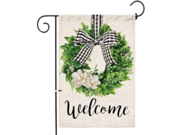 Bandeira de Jardim de Boas vindas com Guirlanda de Boxwood, Burlap Duas Faces Verão Outono Buffalo Plaid