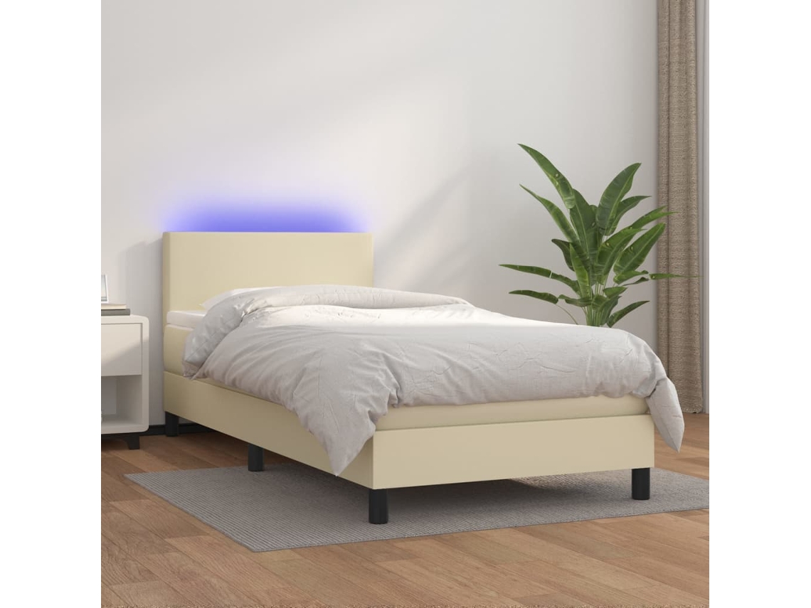 Vidaxl Cama Box Spring C/ Colchão/led 100x200cm Couro Artificial Creme
