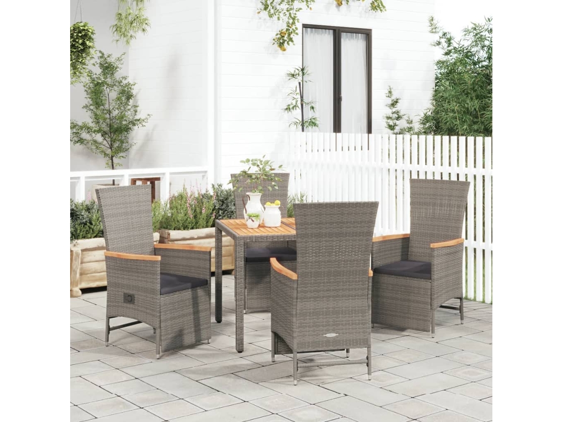 5 Pcs Conjunto De Jantar P/ Jardim C/ Almofadões Vime Pe Cinza Dkd Home Decor