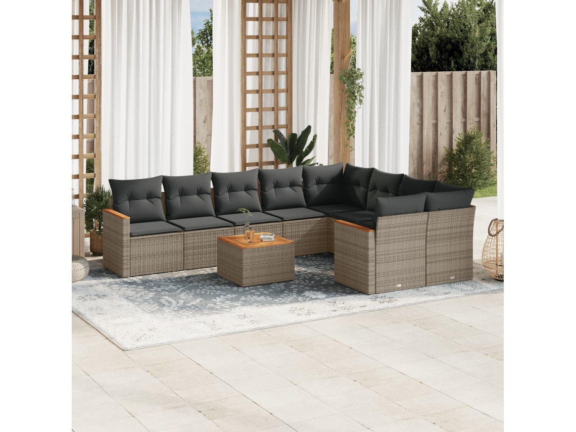 Vidaxl 10 Pcs Conjunto Sofás De Jardim C/ Almofadões Vime Pe Cinzento
