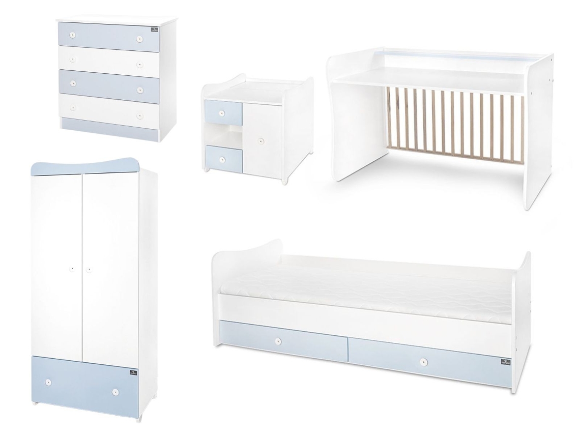 Quarto De Bebé Mini Max Completo Com Cama De Grades Convertível, Cómoda E Roupeiro Da Lorelli - White+baby Blue