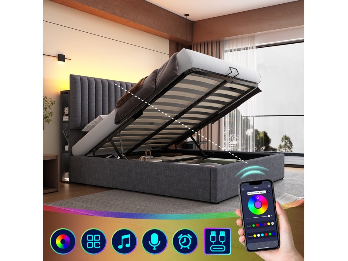 Cama 160x200 Led App Usb-c Com Arrumação Cinza