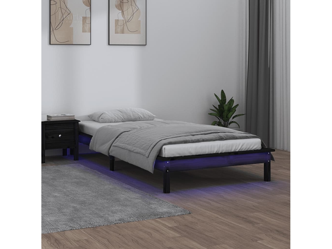 Vidaxl Estrutura Cama C/ Led Solteiro 75x190 Cm Madeira Maciça Preto