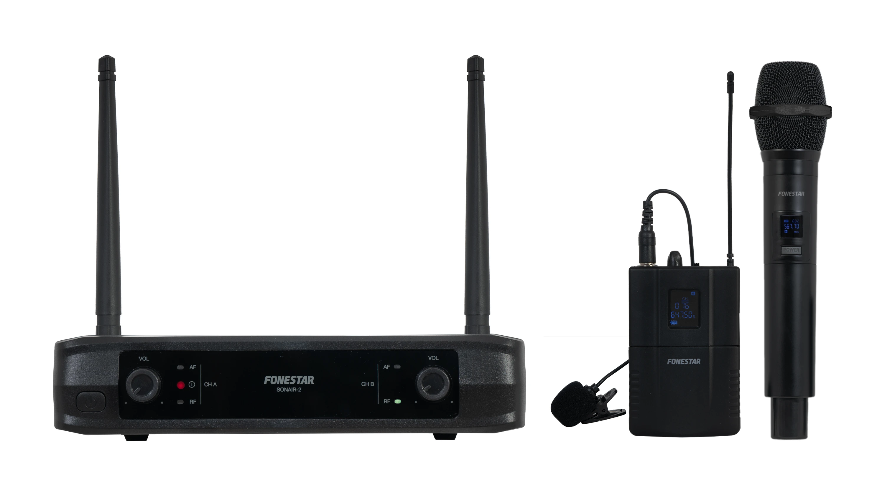 Microfone Wireless Duplo de Mão e Petaca UHF/ Inclui Receptor FONESTAR Sonair-2Mp