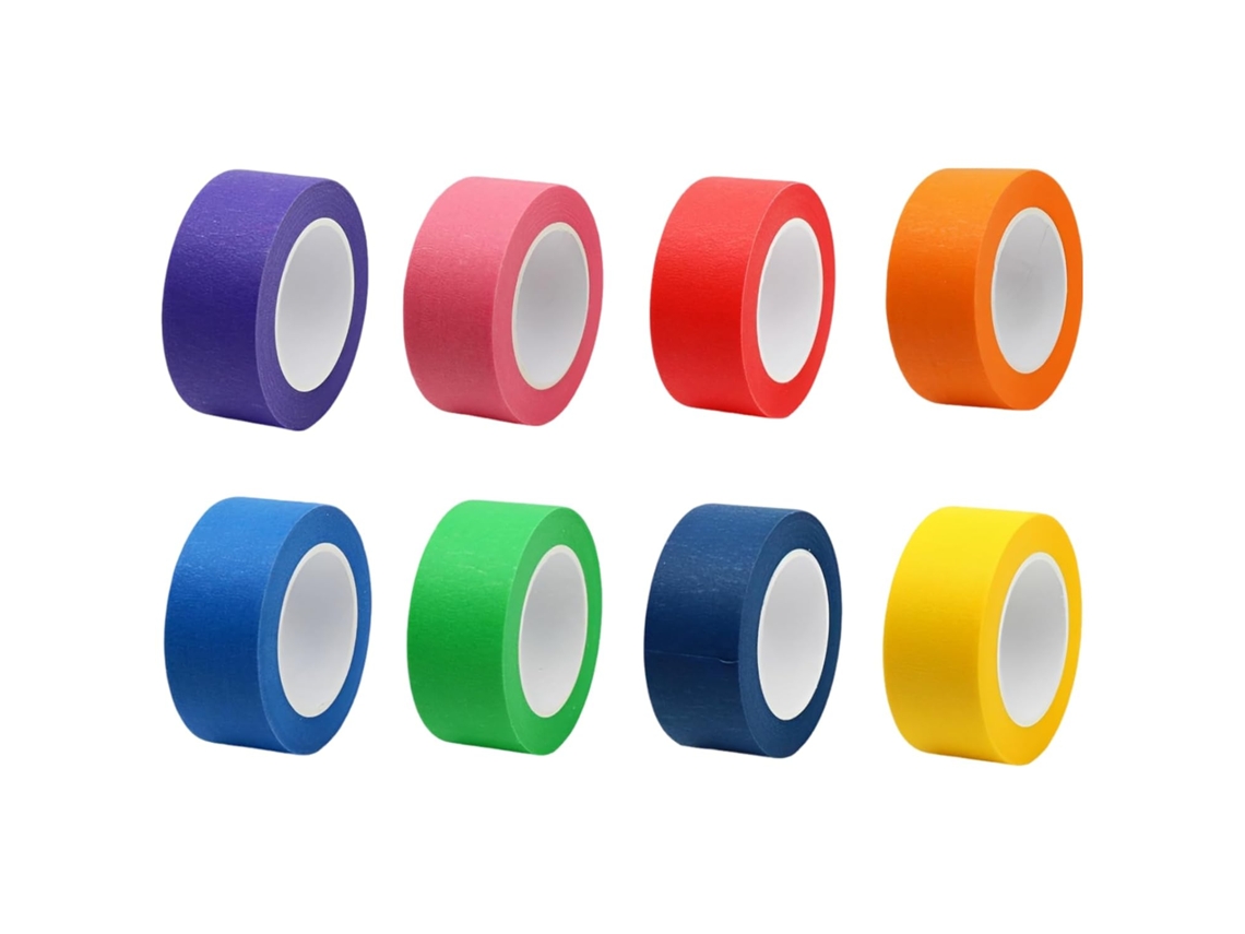 Conjunto de 8 rolos adesivos coloridos para artes e artesanato, com núcleos variados nas cores rosa, vermelho, laranja e verde claro.
